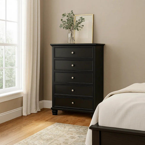 Ashley Lemo Tall Dresser Chest | 5 Drawer | Nickel Knobs | Black Solid Wood