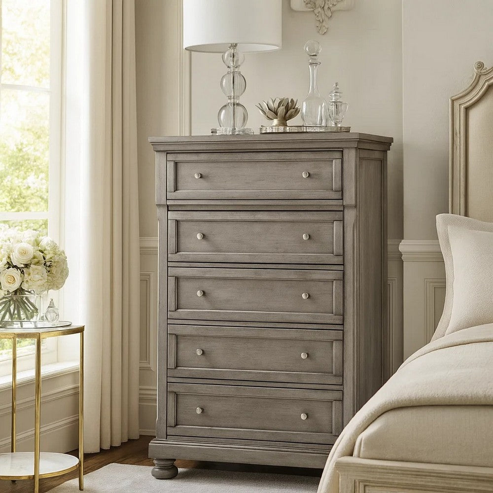 Ashley Ryno Tall Dresser Chest | 5 Drawer | Tray | Silver Round Knobs | Gray