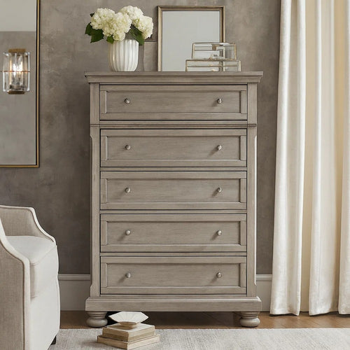Ashley Ryno Tall Dresser Chest | 5 Drawer | Tray | Silver Round Knobs | Gray