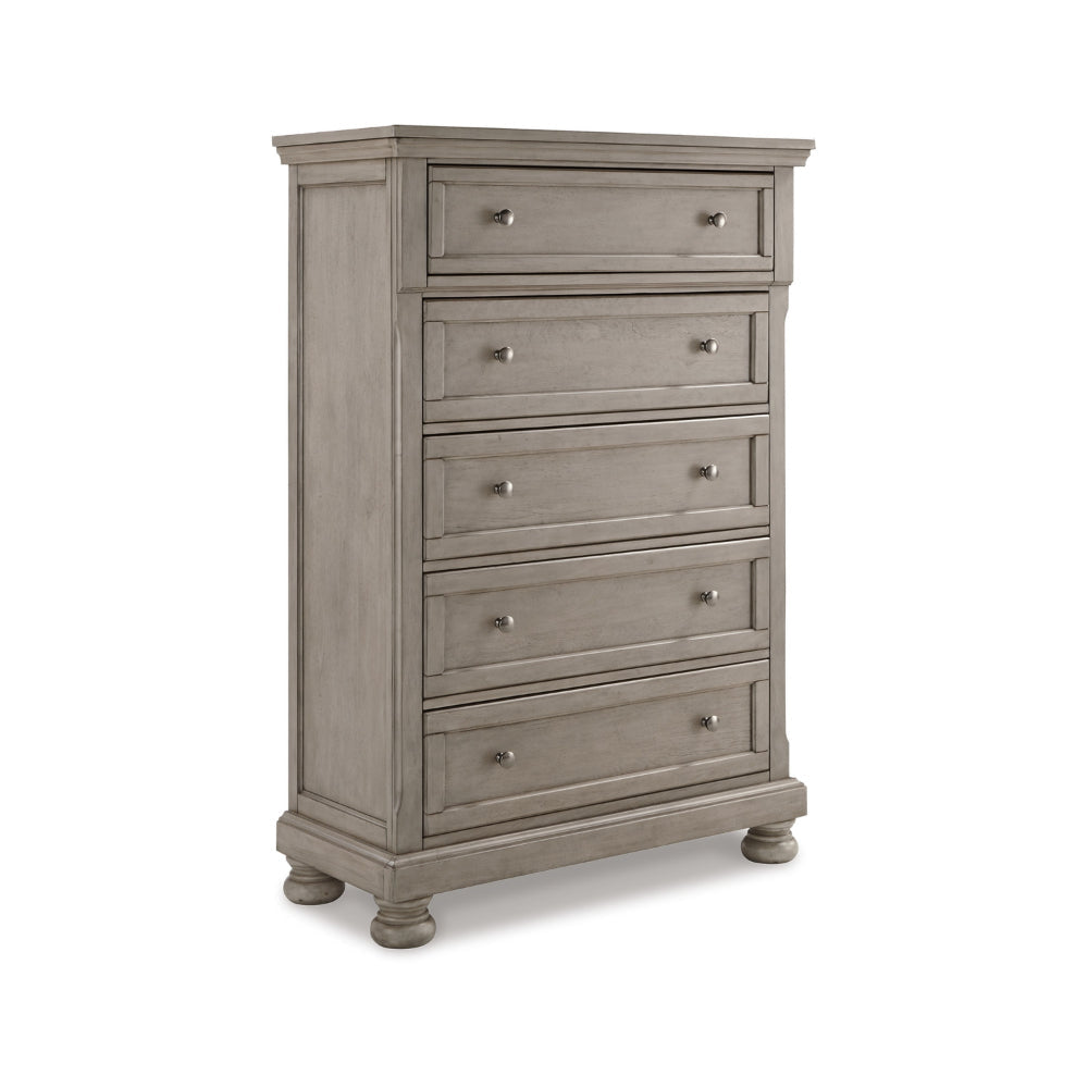 Ashley Ryno Tall Dresser Chest | 5 Drawer | Tray | Silver Round Knobs | Gray