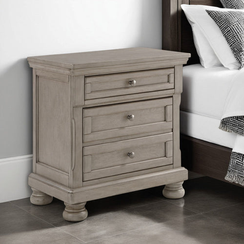 Ashley Ryno Nightstand | 2 Drawers | Pull Tray | Nickel Round Knobs | Gray