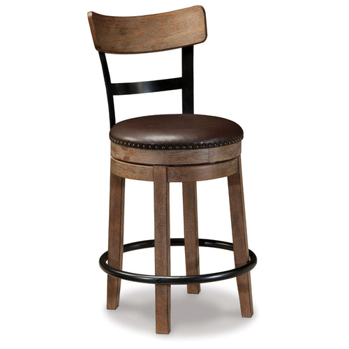 Ashley Pine Swivel Counter Height Stool Chair | 24" | Brown Faux Leather Seat