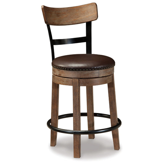 Ashley Pine Swivel Counter Height Stool Chair | 24" | Brown Faux Leather Seat