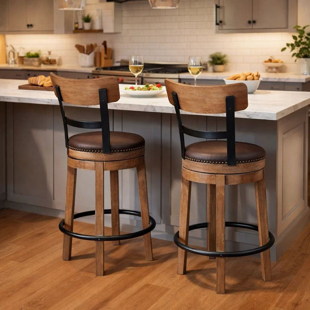 Ashley Pine Swivel Counter Height Stool Chair | 24" | Brown Faux Leather Seat