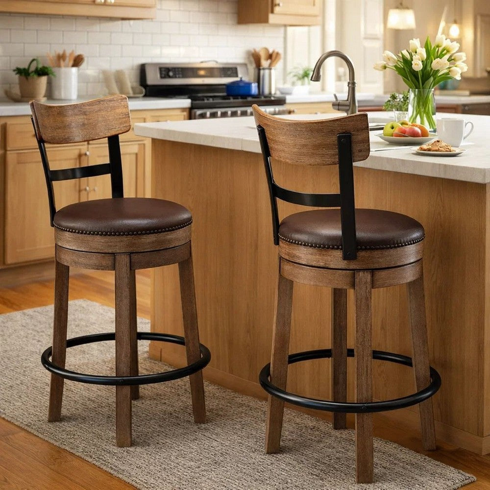 Ashley Pine Swivel Counter Height Stool Chair | 24" | Brown Faux Leather Seat
