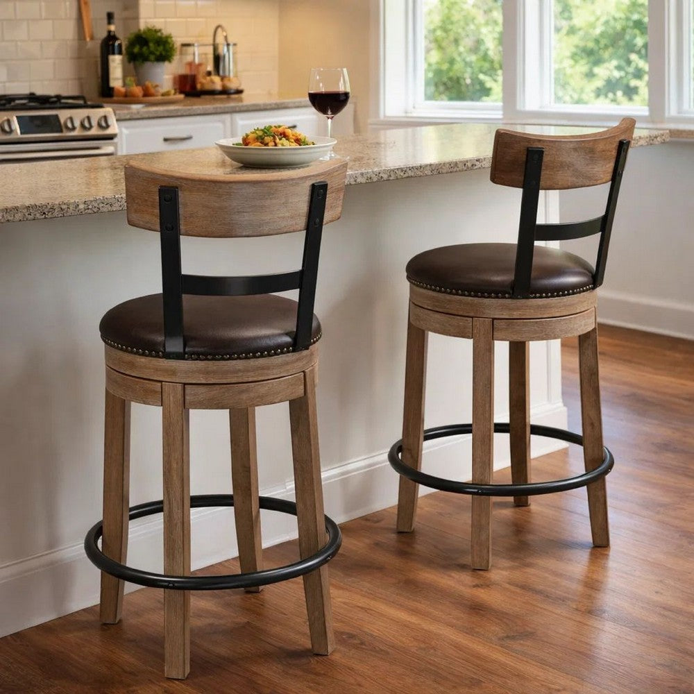 Ashley Pine Swivel Counter Height Stool Chair | 24" | Brown Faux Leather Seat