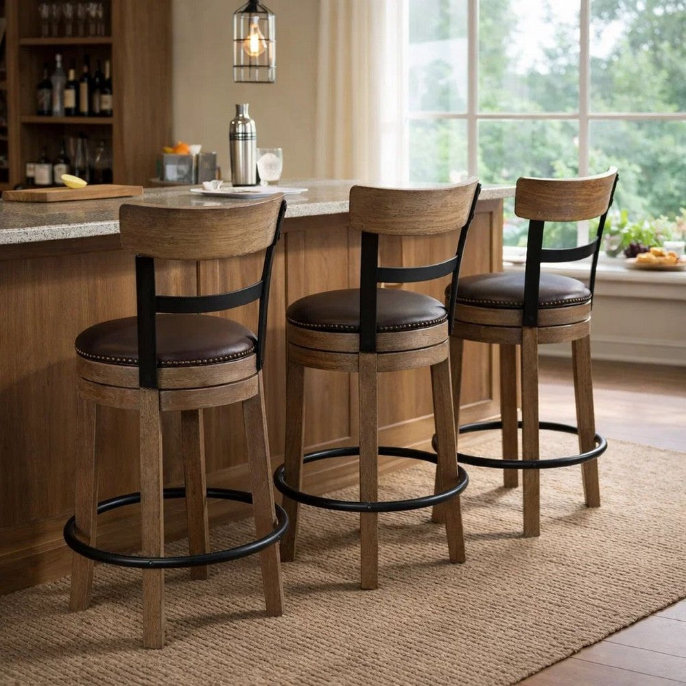 Ashley Pine Swivel Counter Height Stool Chair | 24" | Brown Faux Leather Seat