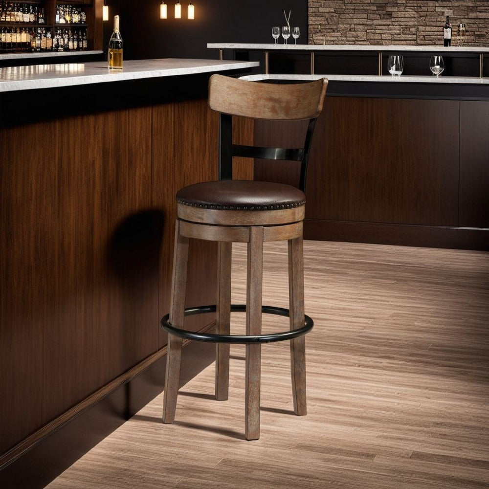 Ashley Pine Swivel Barstool Chair | 31" | Industrial Brown Faux Leather