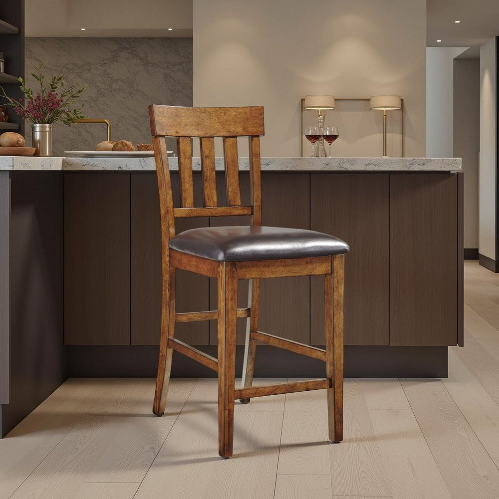 Ashley Raly Counter Height Chair Set of 2 | Brown Faux Leather | Slatted Back