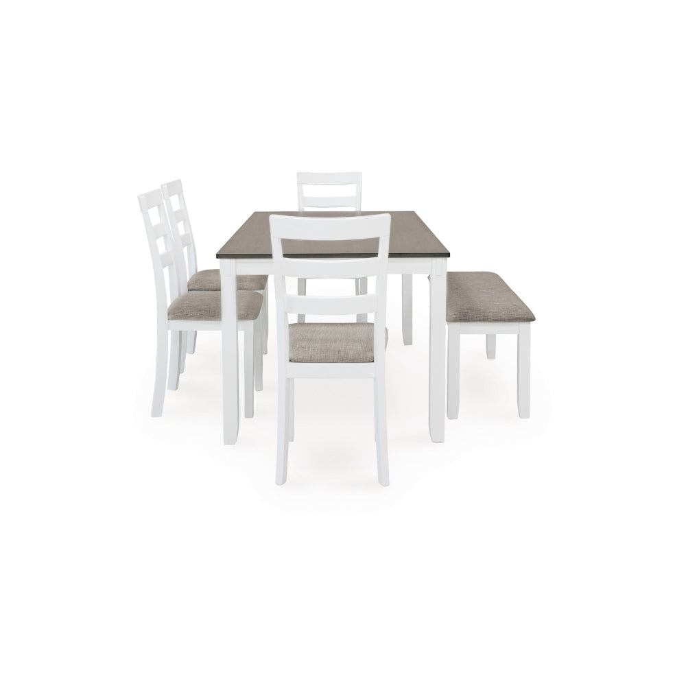 Ashley Holls 6pc Dining Table Set | Padded Chairs | Bench | White Gray Wood BM328236