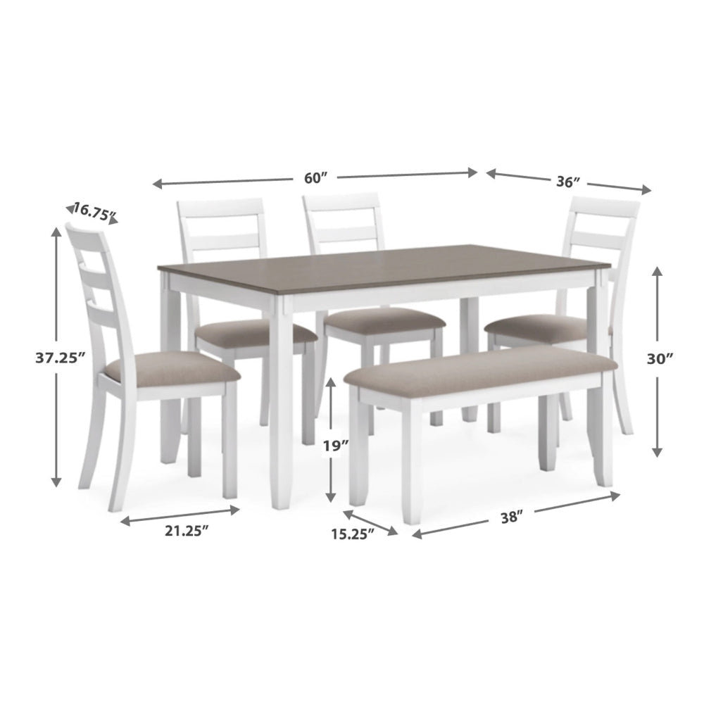Ashley Holls 6pc Dining Table Set | Padded Chairs | Bench | White Gray Wood BM328236