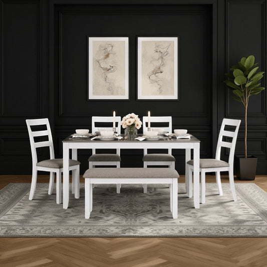 Ashley Holls 6pc Dining Table Set | Padded Chairs | Bench | White Gray Wood