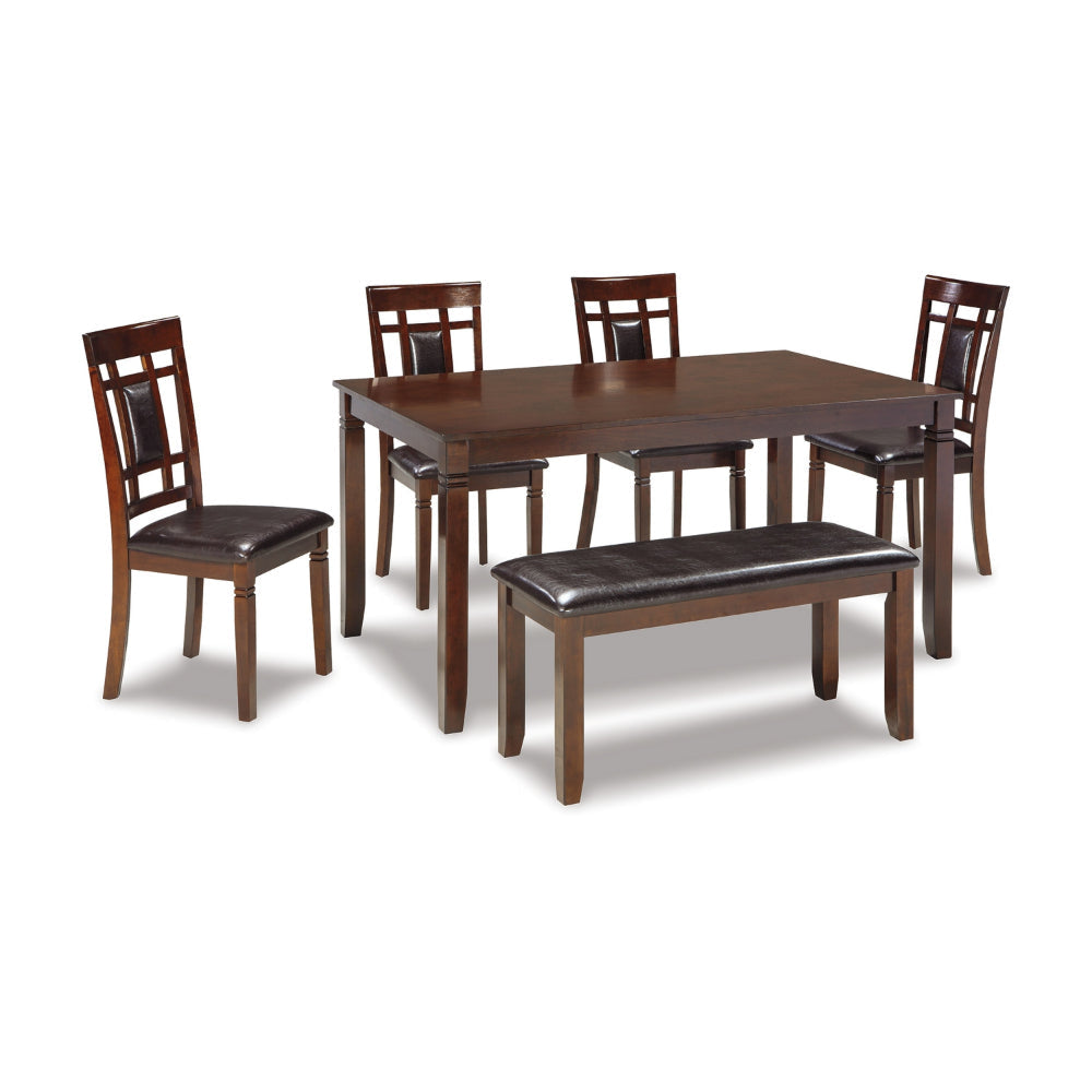 Ashley Noxx 6pc Dining Table Set with 4 Chairs 1 Bench | Brown | Faux Leather