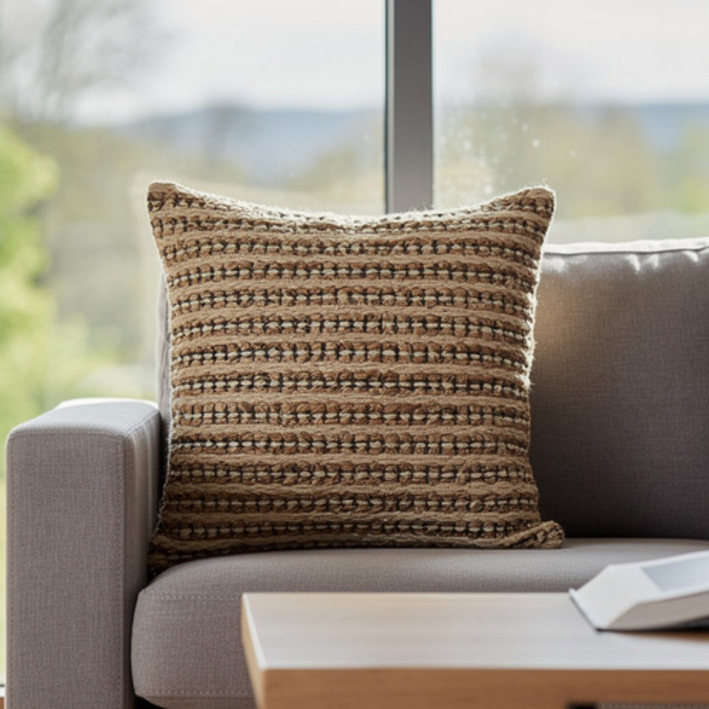 Ashley Square Accent Throw Pillow | 20" | Handwoven Stripes on Brown Wool