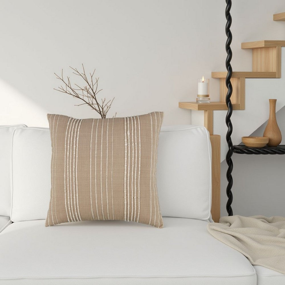 Ashley Square Accent Throw Pillow | 20" | Striped Cotton | White | Tan Brown