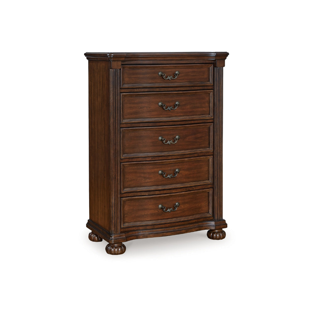 Ashley Laon Tall Dresser Chest | 5 Drawer Cherry Brown Solid Hardwood | 51"