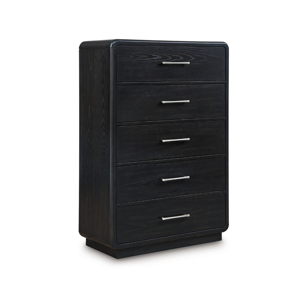 Ashley Robeck Tall Dresser Chest | 5 Drawer Silver Metal Handles | Black 57"