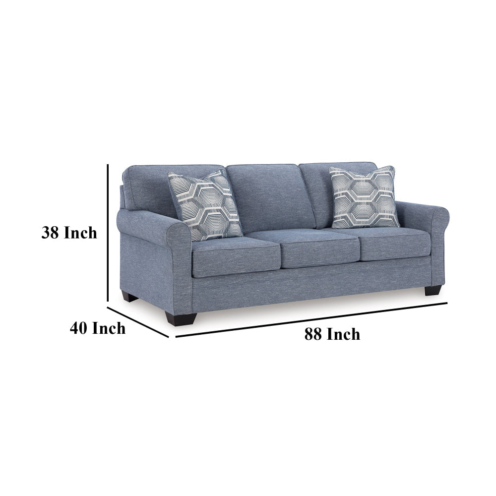 Ashley Sano Sofa | Denim Blue Polyester | 2 Accent Throw Pillows | 88’’ BM328299