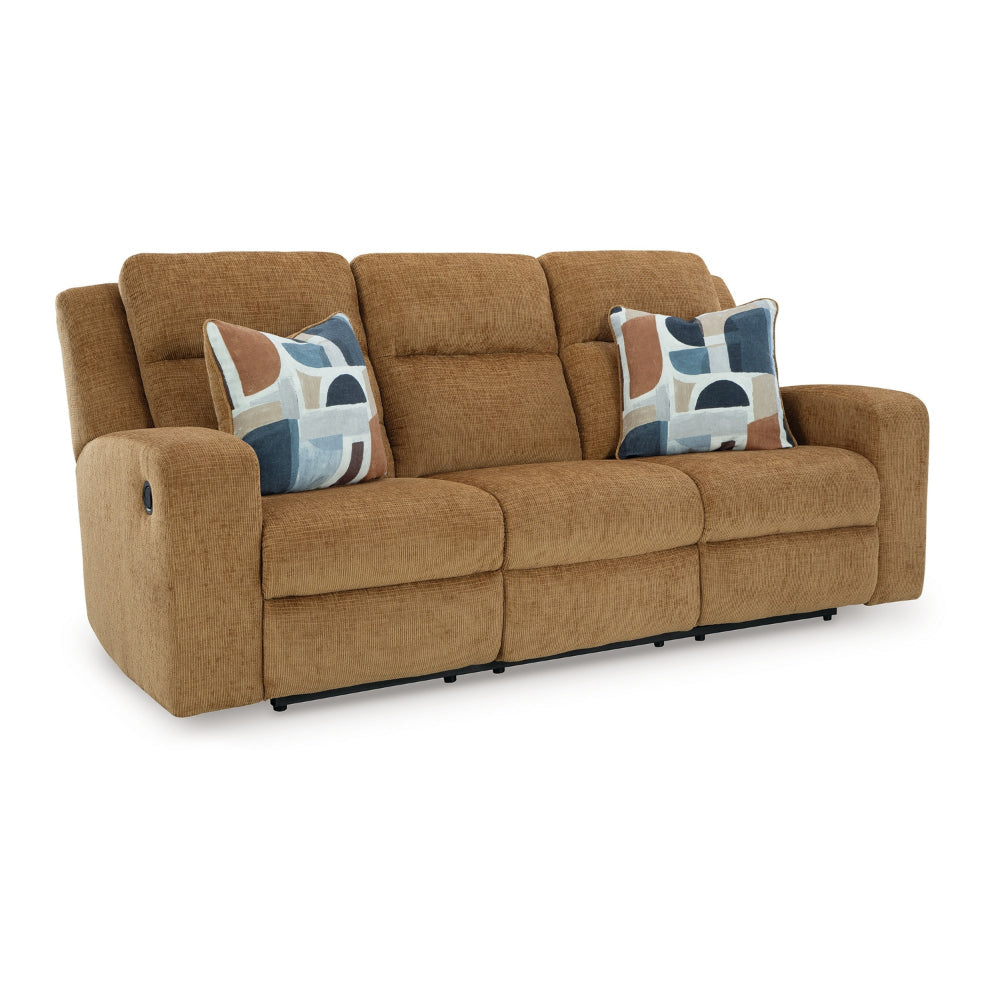 Ashley Damon Manual Reclining Sofa | Camel Brown Polyester | 2 Pillows | 86"