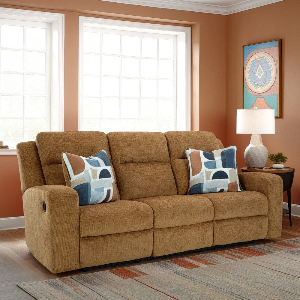 Ashley Damon Manual Reclining Sofa | Camel Brown Polyester | 2 Pillows | 86"