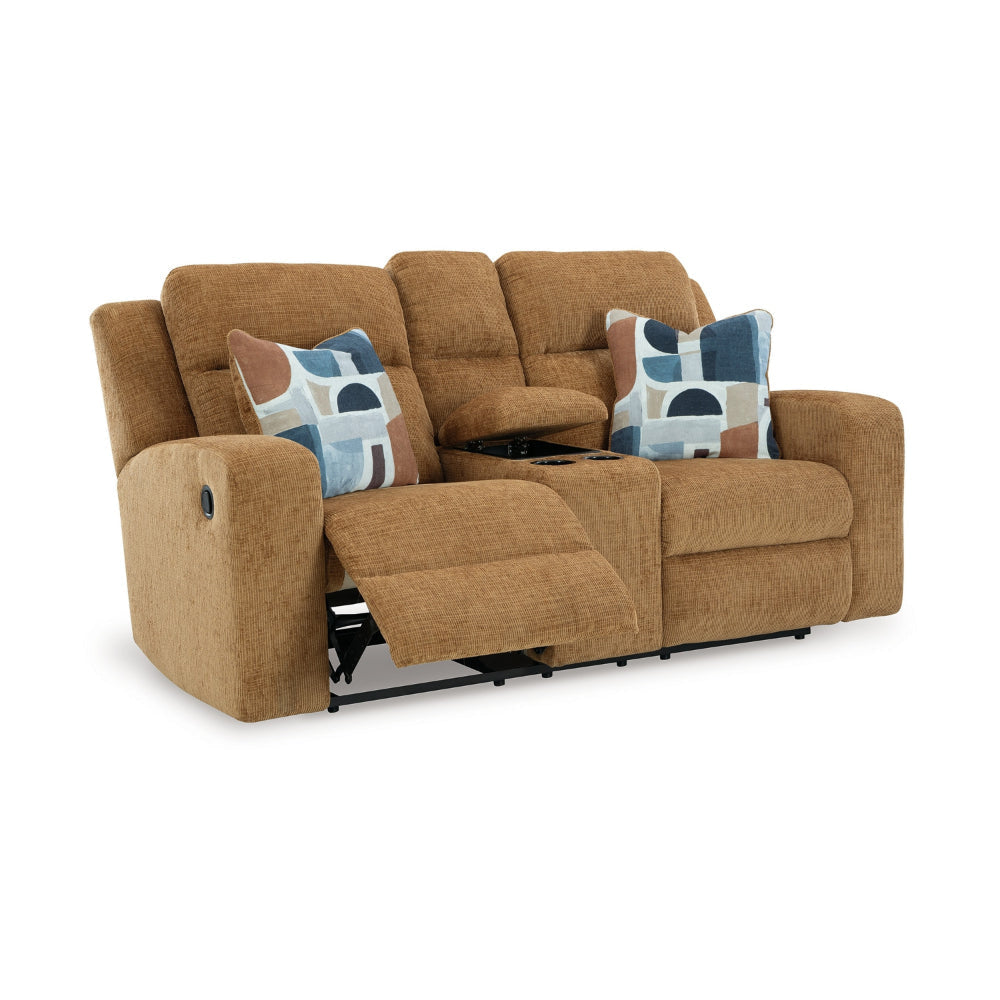 Ashley Damon Double Reclining Loveseat | Camel Brown Polyester | 2 Pillows BM328320