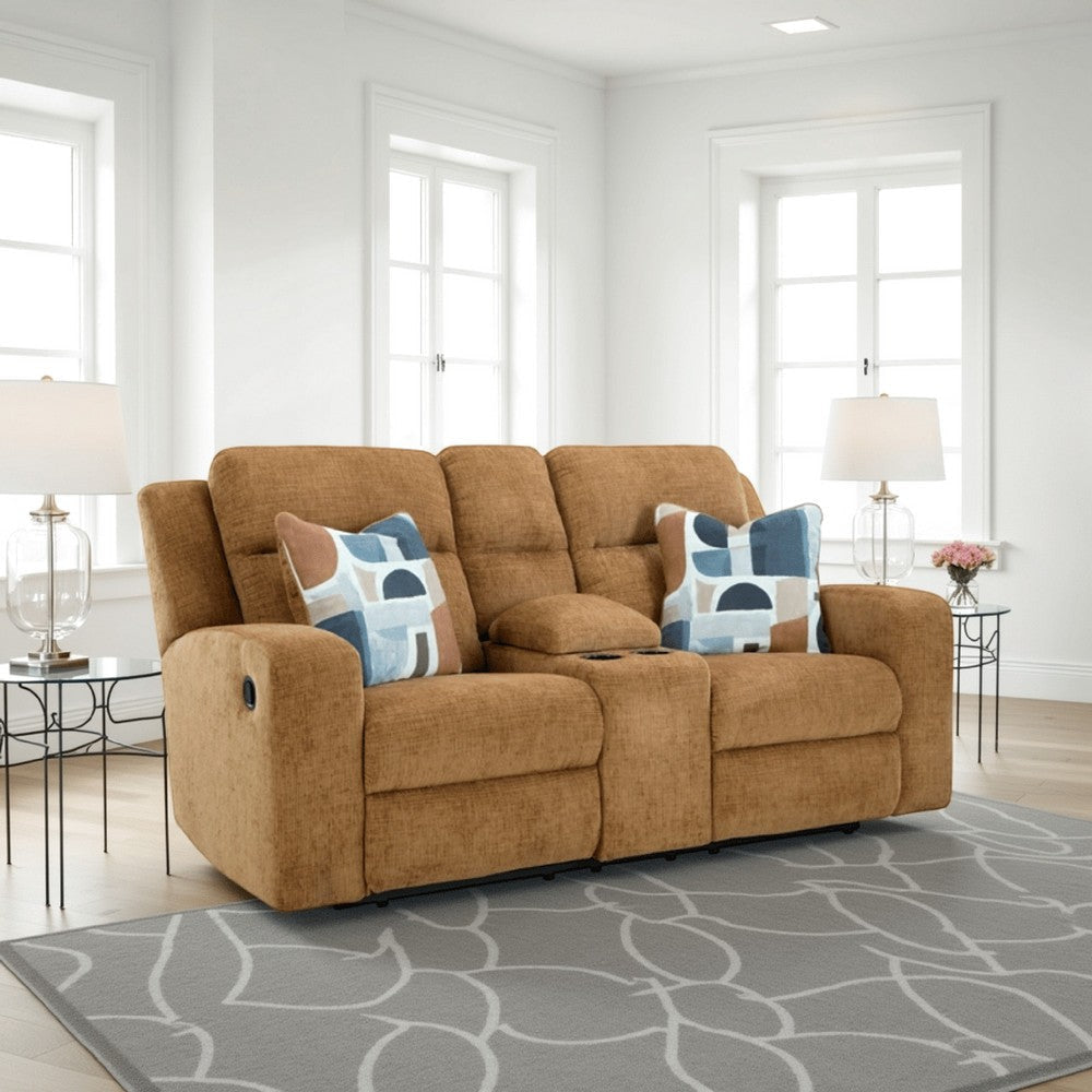 Ashley Damon Double Reclining Loveseat | Camel Brown Polyester | 2 Pillows
