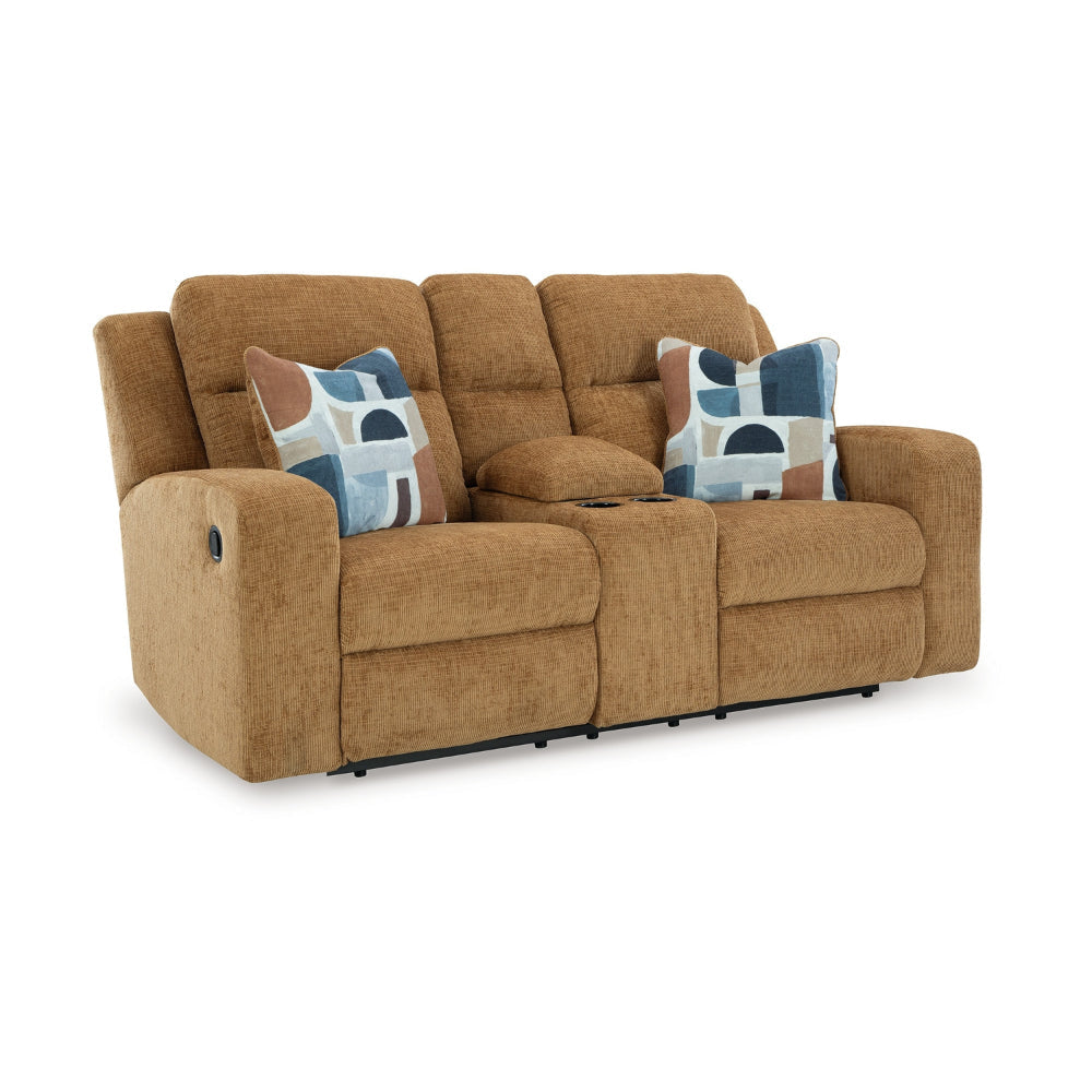Ashley Damon Double Reclining Loveseat | Camel Brown Polyester | 2 Pillows