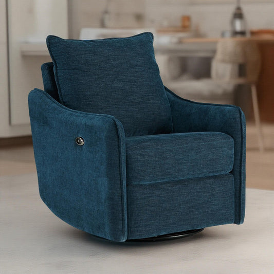 Ashley Bradley Swivel Power Recliner Chair | Dark Blue Polyester Pillow Back