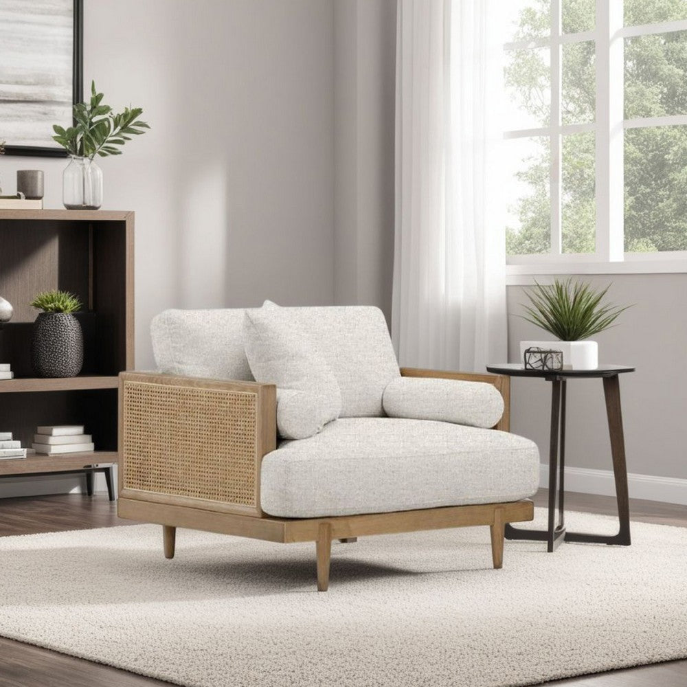 Senu Accent Chair, Rattan Woven Armrests, Beige, Brown Solid Wood