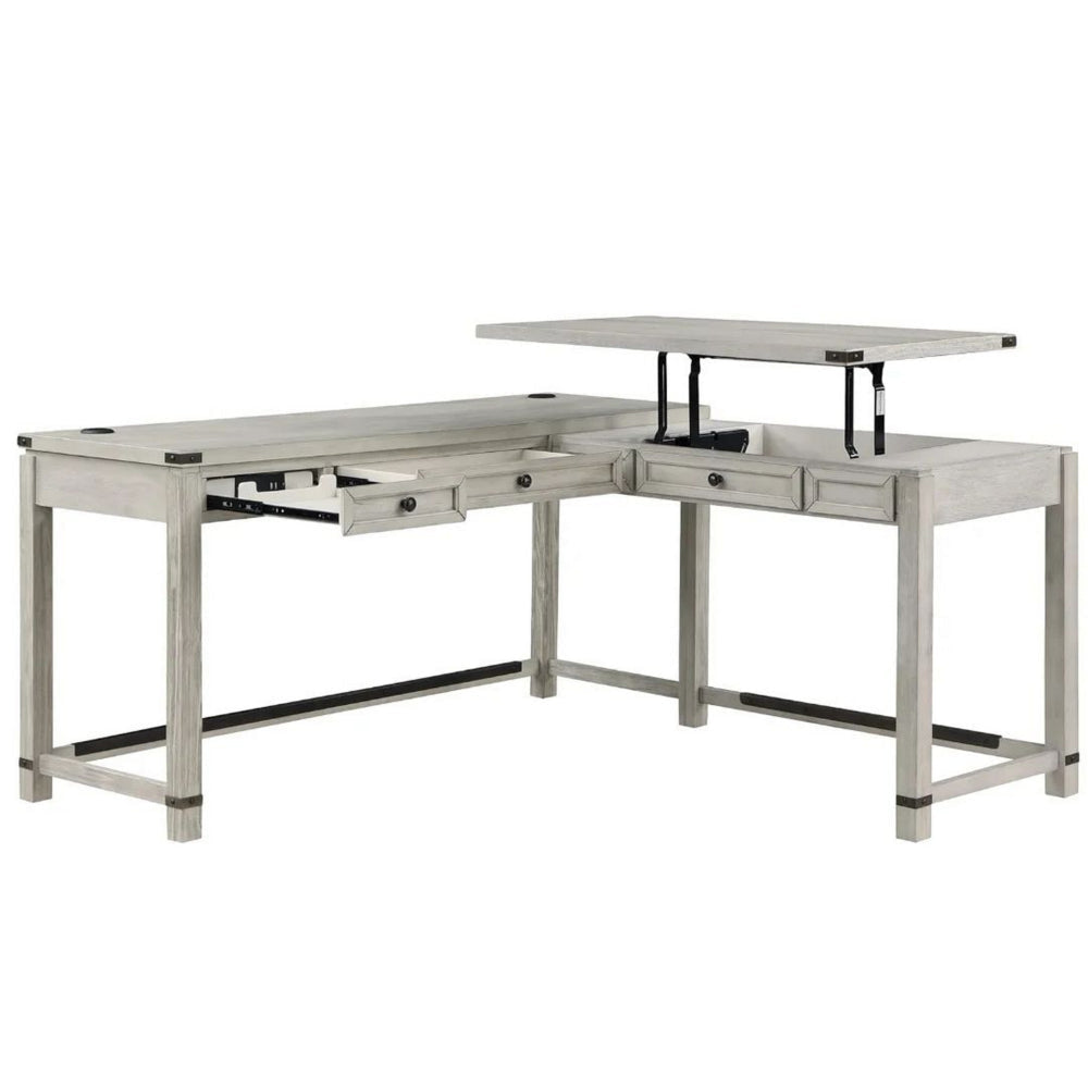 Gery L Corner Standing Sitting Desk with Lift Top USB White Wood BM328358