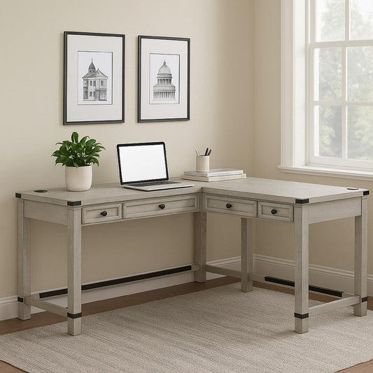 Gery L Corner Standing Sitting Desk with Lift Top, USB, White Wood