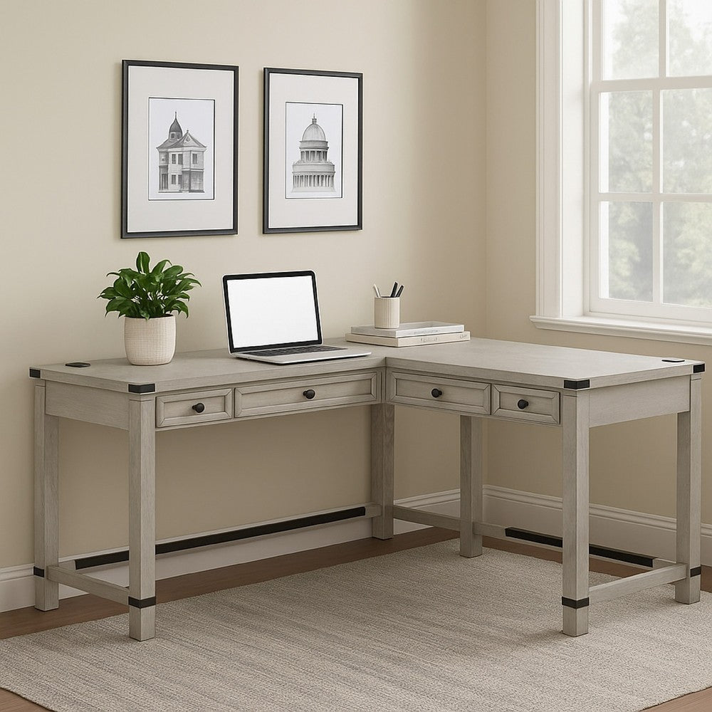 Gery L Corner Standing Sitting Desk with Lift Top, USB, White Wood