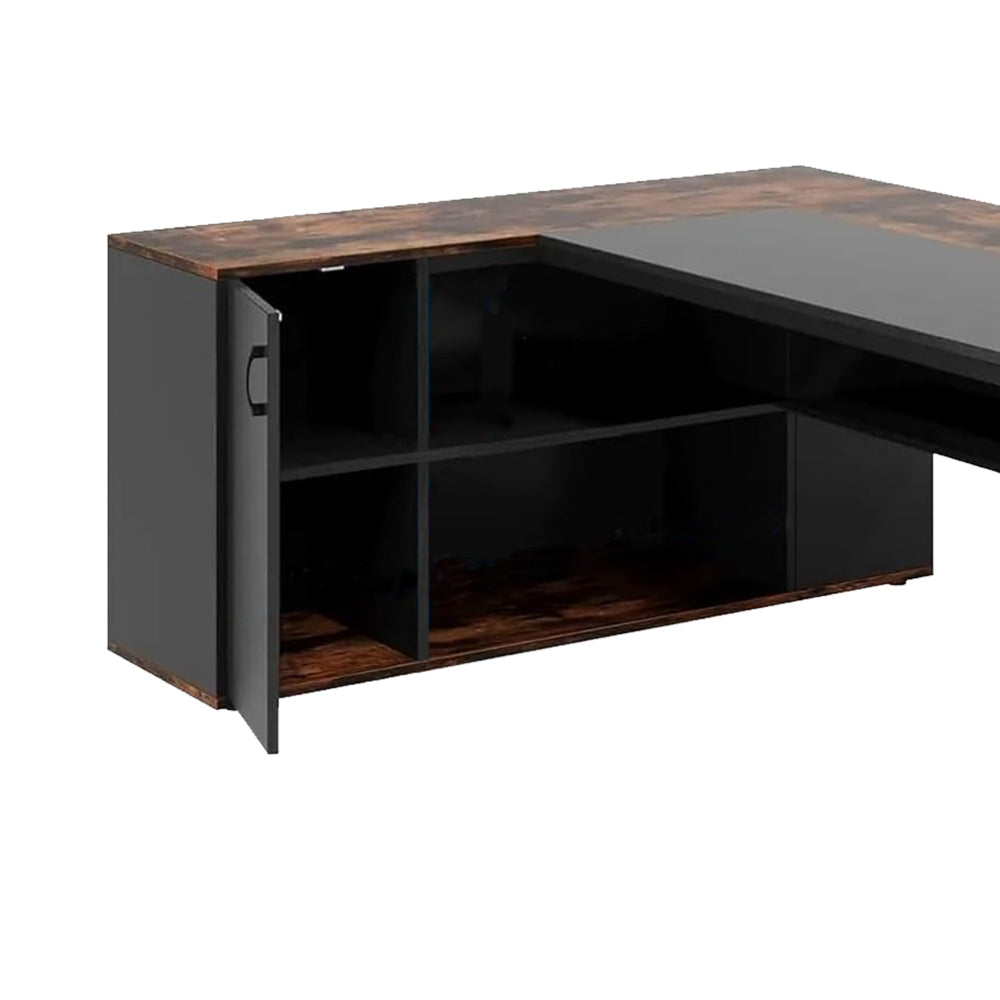 Executive Office Desk 71 Inch L Shaped w Storage Cabinet Brown Black BM328363
