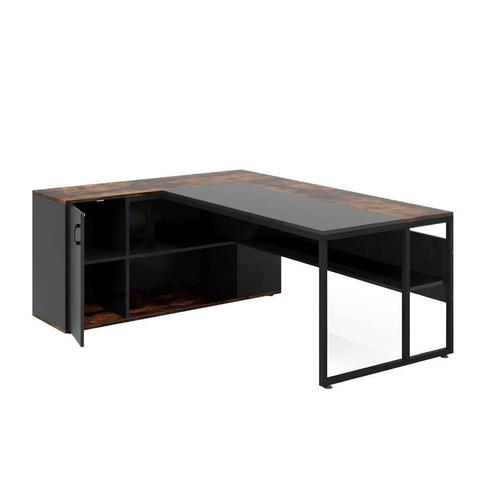 Executive Office Desk, 71 Inch L Shaped w Storage Cabinet, Brown Black