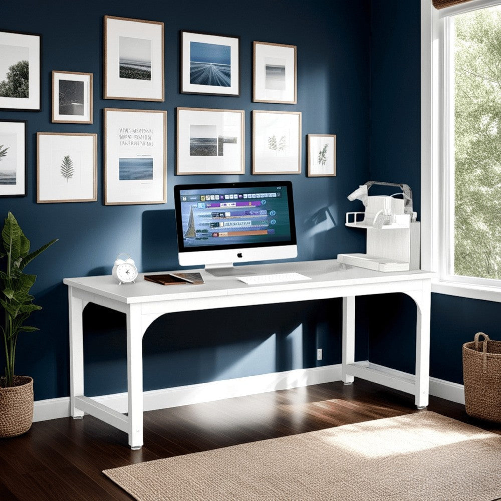 Home Office Desk, 63 Inch Minimalist Wood Top w White Metal Frame