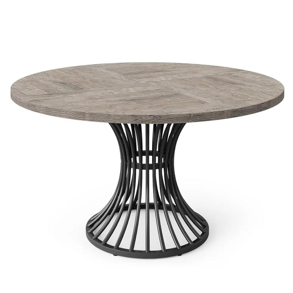 Dining Table 47 Inch Round Gray Wood Top Black Metal Hourglass Base BM328366