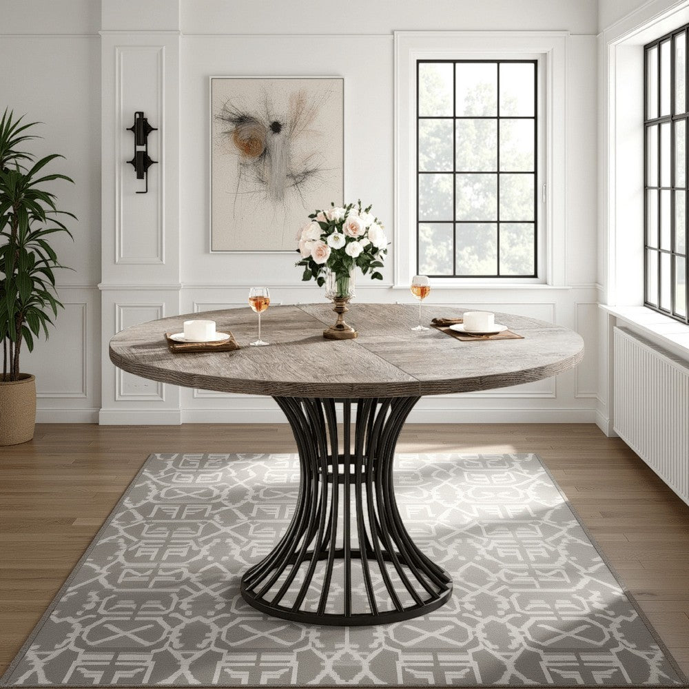 Dining Table, 47 Inch Round Gray Wood Top, Black Metal Hourglass Base