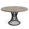 Dining Table, 47 Inch Round Gray Wood Top, Black Metal Hourglass Base