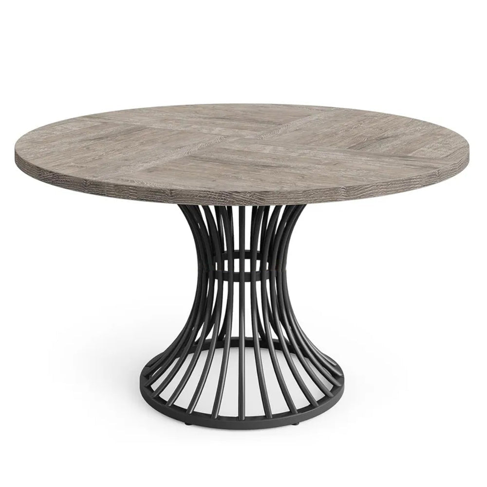 Dining Table, 47 Inch Round Gray Wood Top, Black Metal Hourglass Base