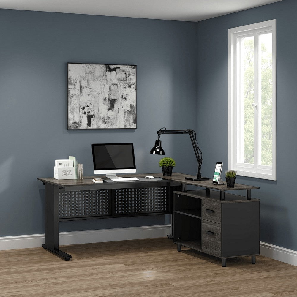 Liy Executive Office Desk, 63 Inch L Shape, File Cabinet, Gray Black