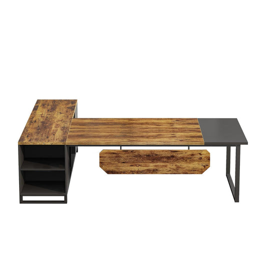 Executive Office L Desk, 71 Inch Brown Wood, Storage Shelves, Brown