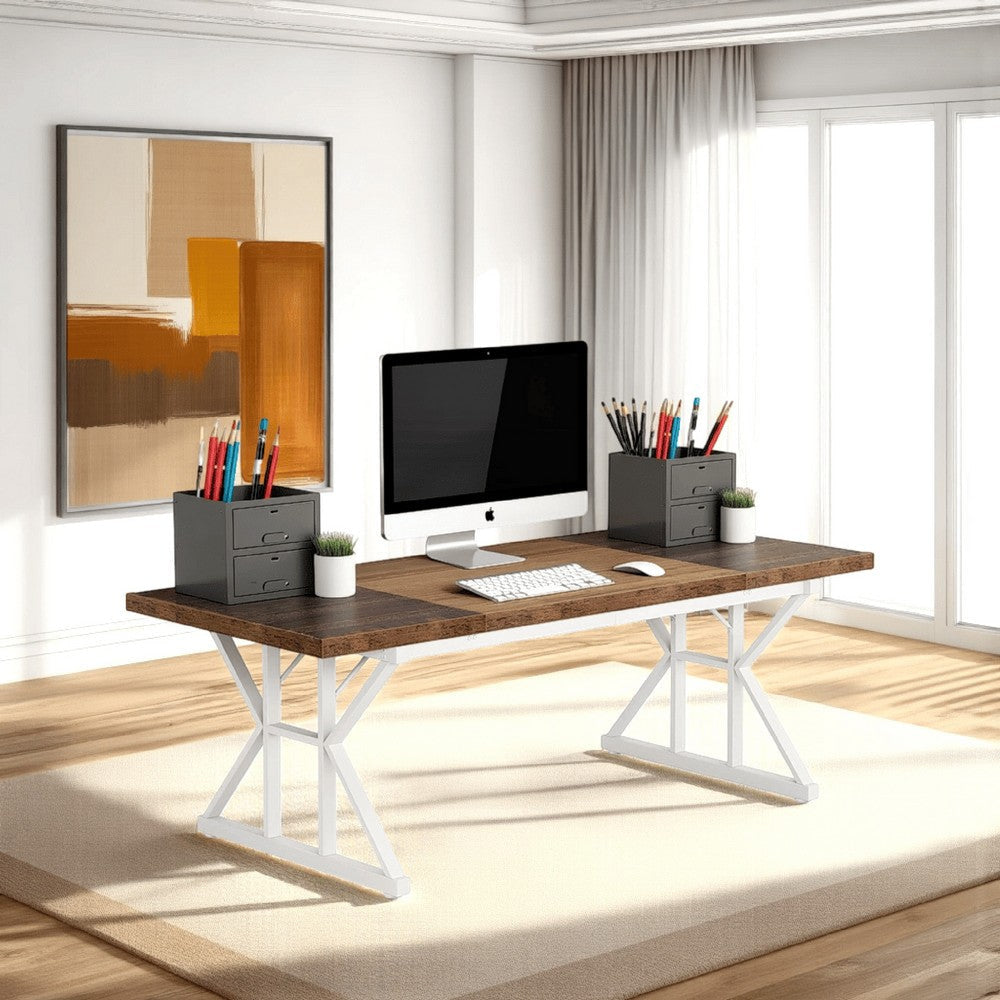 Executive Office Desk, 71 Inch Rectangular Brown Wood Top, White Metal