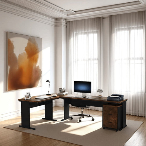 Executive Office Desk, 83 Inch Brown L Top, 3 Drawer Cabinet, Black