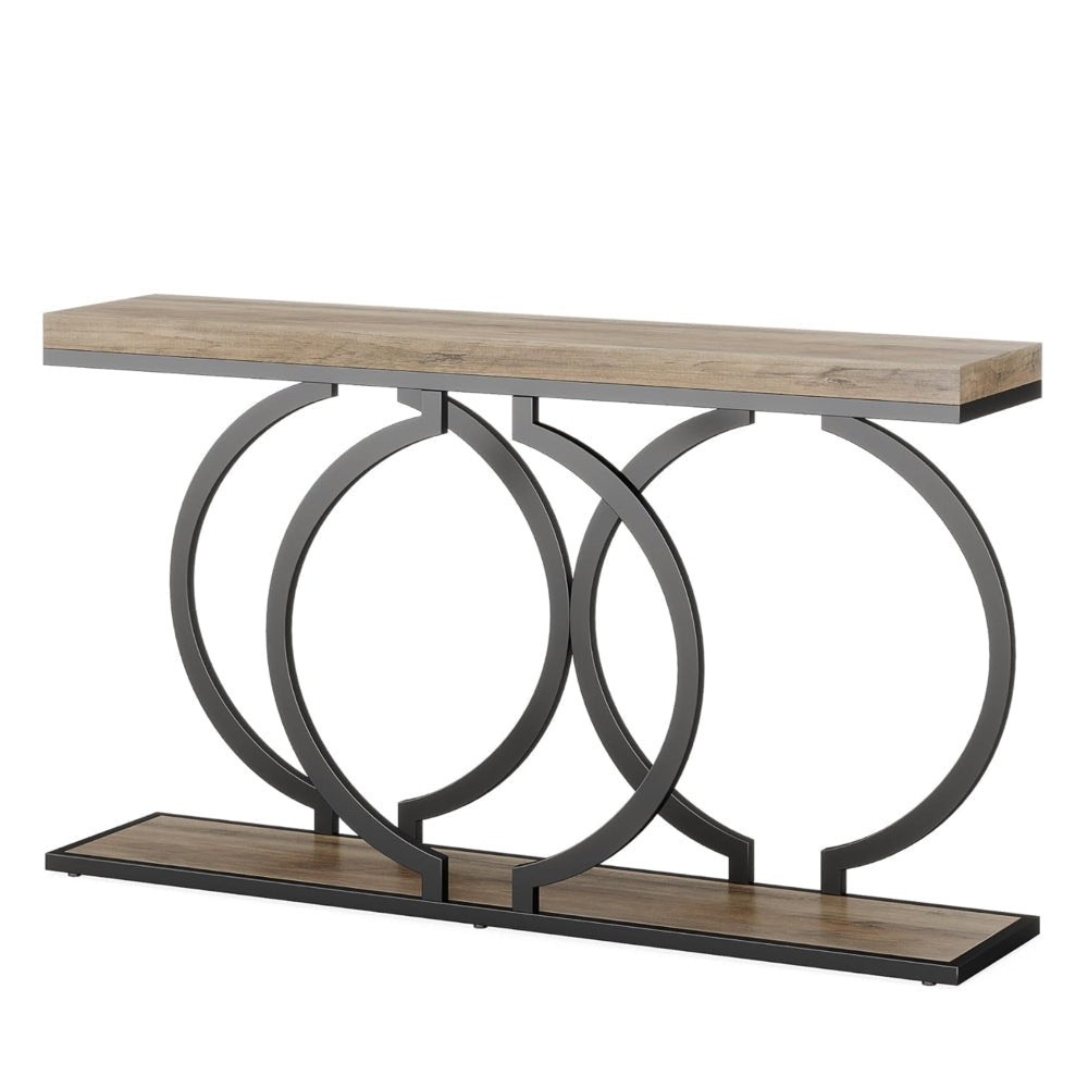 Console Table, 55 Inch Gray Faux Marble, Black Metal Circle O Base