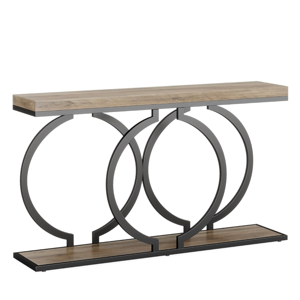 Console Table 55 Inch Gray Faux Marble Black Metal Circle O Base BM328379