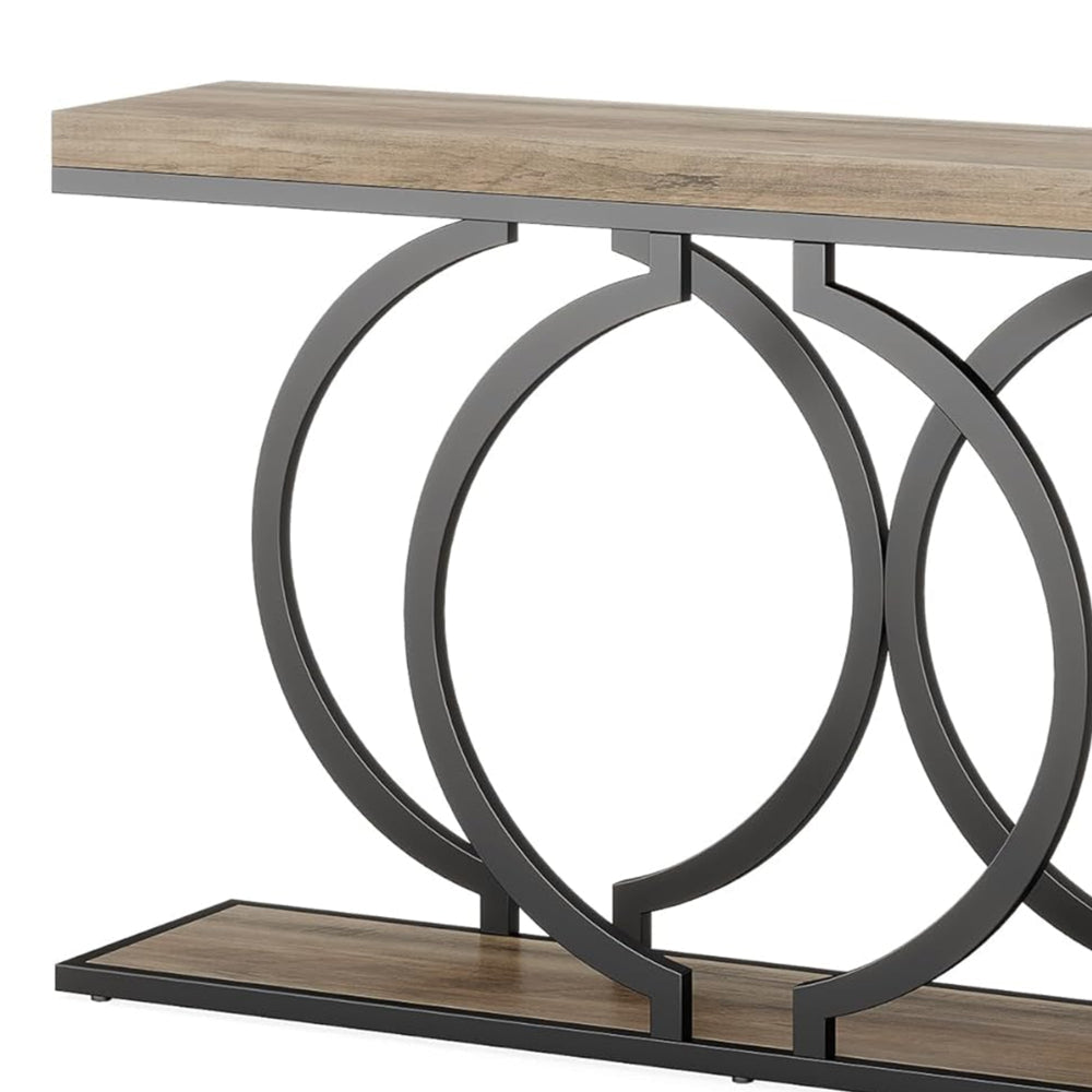 Console Table 55 Inch Gray Faux Marble Black Metal Circle O Base BM328379