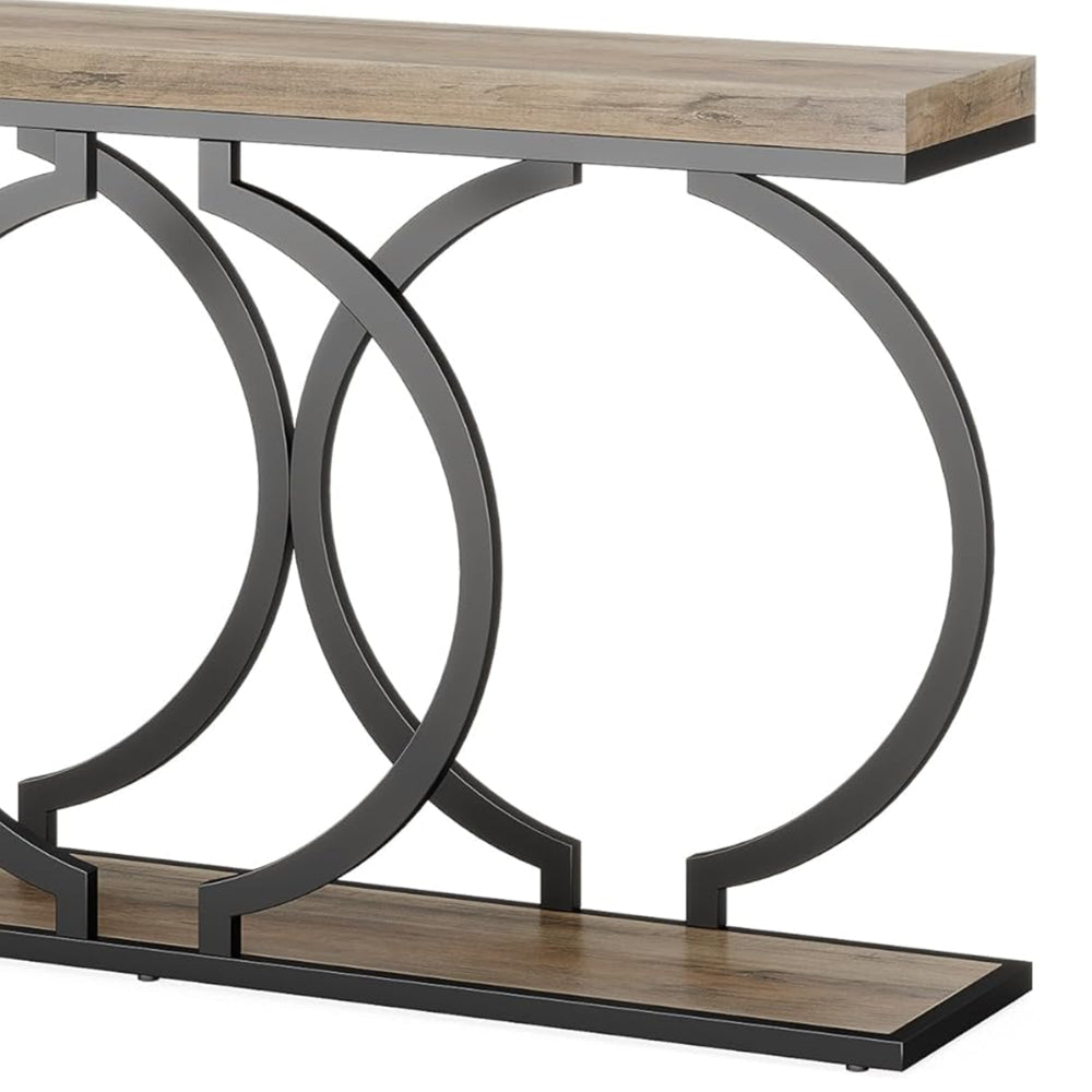 Console Table 55 Inch Gray Faux Marble Black Metal Circle O Base BM328379