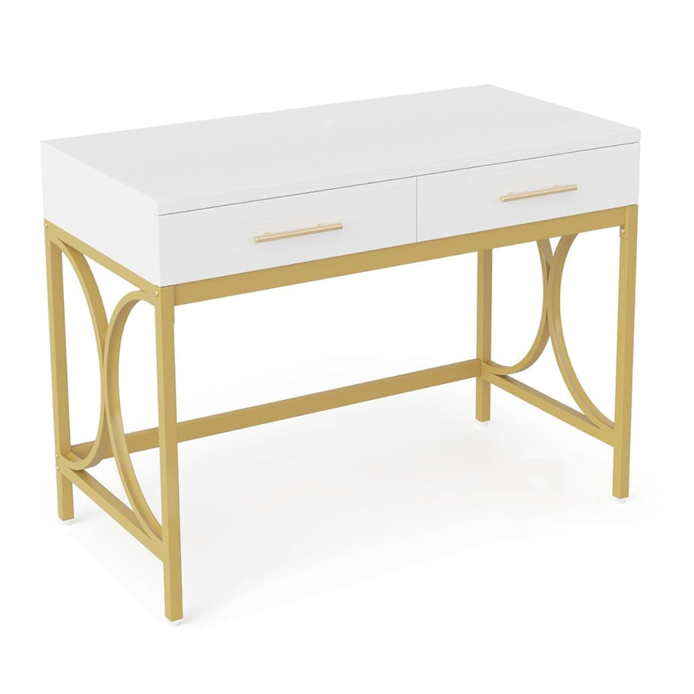Computer Office Writing Desk 41 Inch White Top 2 Drawers Gold Base BM328380