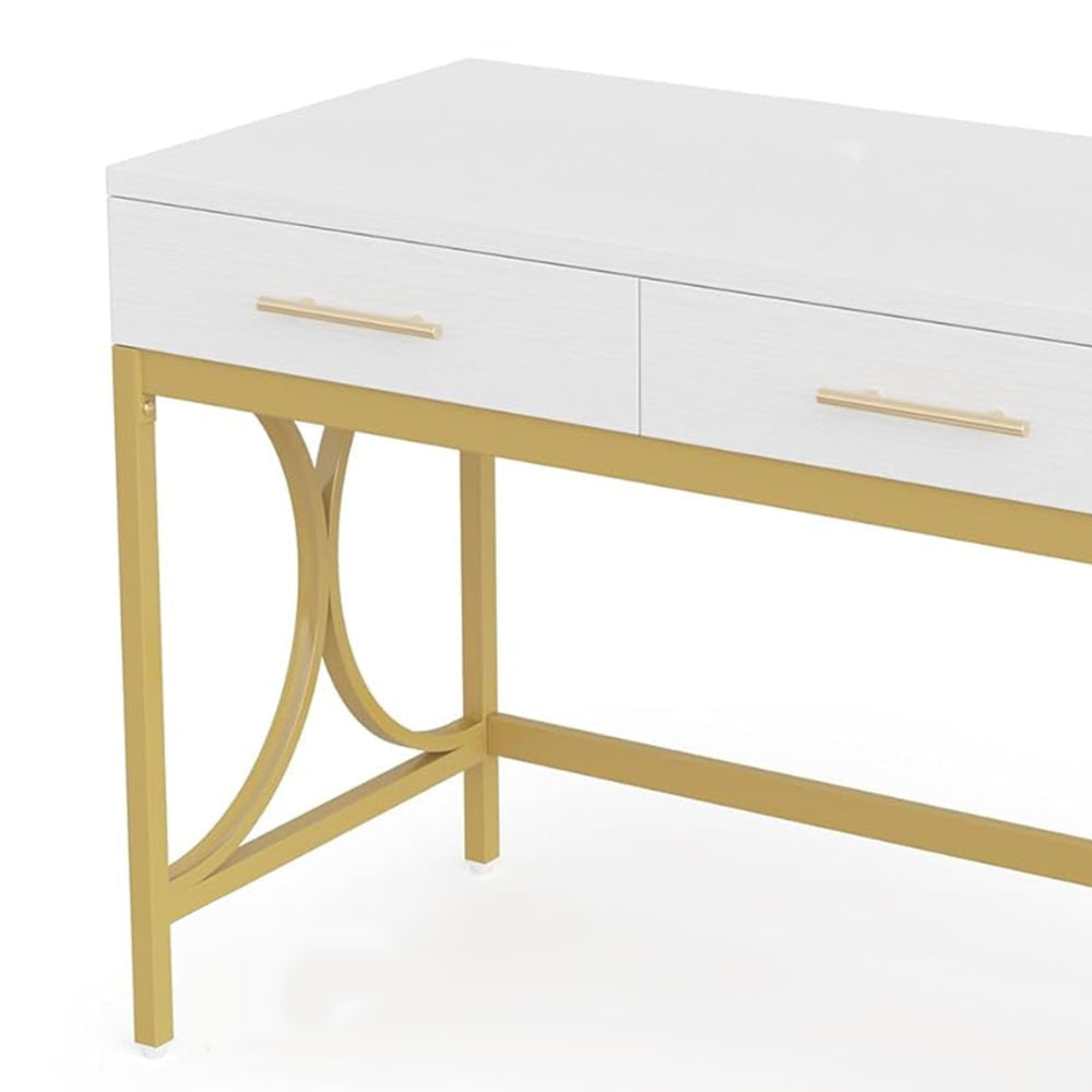 Computer Office Writing Desk 41 Inch White Top 2 Drawers Gold Base BM328380