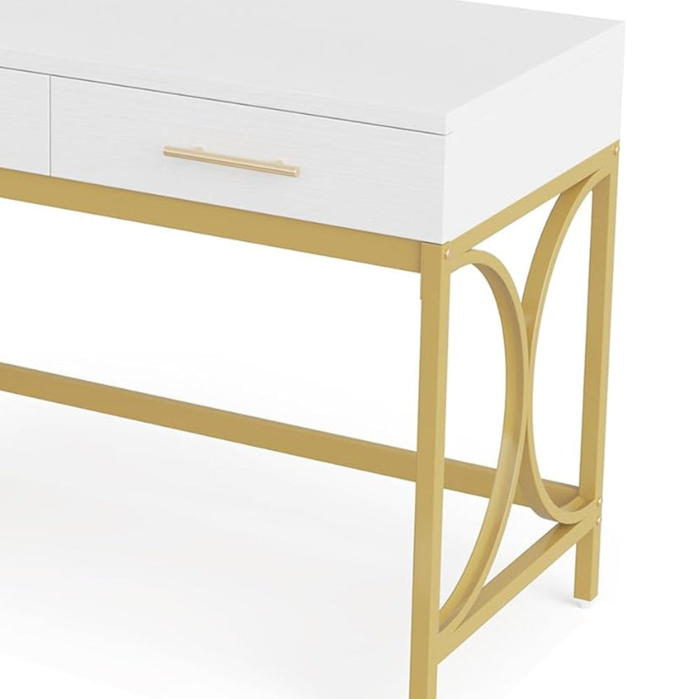 Computer Office Writing Desk 41 Inch White Top 2 Drawers Gold Base BM328380